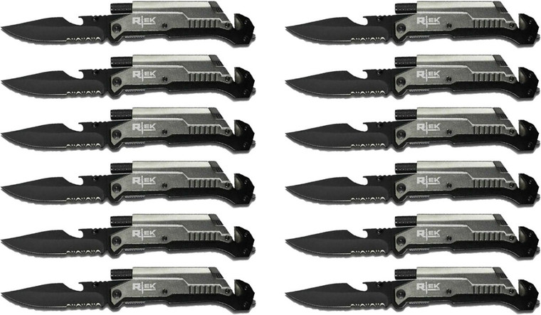 Lot of 12 Rtek 9" Inch Spring Assisted Survival 7 in 1 Rescue Pocket Knife Grey