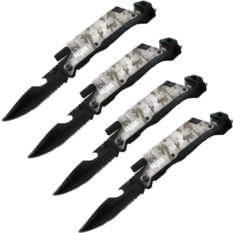 Lot of 4 9" Inch Spring Assisted Survival 7 in 1 Rescue Pocket Knife - Camo