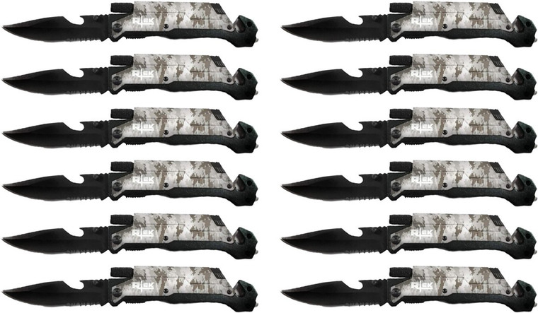 Lot of 12 9" Inch Spring Assisted Survival 7 in 1 Rescue Pocket Knife - Camo