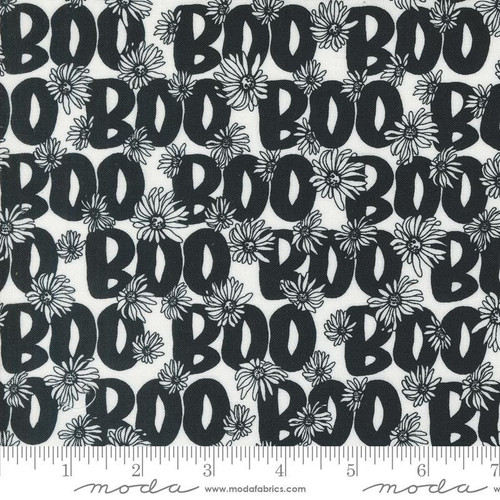 Moda Fabric - Noir Ghost - Boo Text and Words Flower Boo - Sold by 1/2 Yard Increments, Cut Continuously