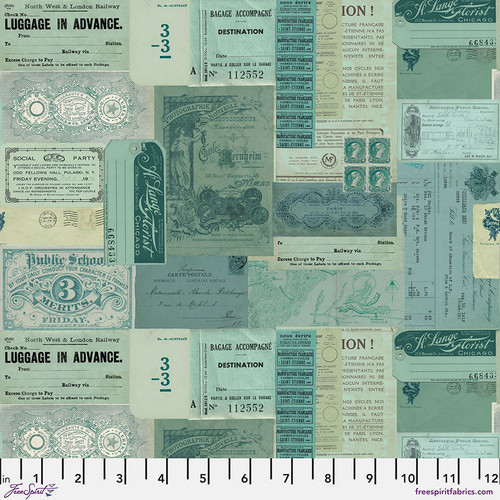 Tim Holtz Palette | Palette Teal | Teal Ephemera | Sold by The 1/2 Yard