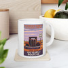 Petrified Forest Route 66 mug featuring vintage travel poster style artwork with desert landscape and iconic Route 66 highway