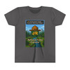 National Parks Explorer JR kids t-shirt with pixel ranger badge, mountains, and river adventure graphic