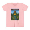 National Parks Explorer JR kids t-shirt with pixel ranger badge, mountains, and river adventure graphic