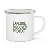 Junior Ranger enamel camping mug with national park badge and Explore Discover Protect motto