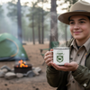 Junior Ranger enamel camping mug with national park badge and Explore Discover Protect motto
