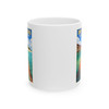 Dry Tortugas National Park beach mug featuring tropical travel poster artwork with turquoise water, palm trees, and coastal walkway