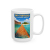 Dry Tortugas National Park beach mug featuring tropical travel poster artwork with turquoise water, palm trees, and coastal walkway