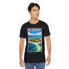Dry Tortugas National Park t-shirt featuring vintage aerial travel poster artwork with Fort Jefferson, coral shoals, and turquoise coastal water