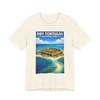 Dry Tortugas National Park t-shirt featuring vintage aerial travel poster artwork with Fort Jefferson, coral shoals, and turquoise coastal water