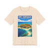 Dry Tortugas National Park t-shirt featuring vintage aerial travel poster artwork with Fort Jefferson, coral shoals, and turquoise coastal water