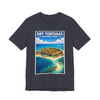 Dry Tortugas National Park t-shirt featuring vintage aerial travel poster artwork with Fort Jefferson, coral shoals, and turquoise coastal water