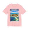 Dry Tortugas National Park t-shirt featuring vintage aerial travel poster artwork with Fort Jefferson, coral shoals, and turquoise coastal water