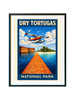 Dry Tortugas seaplane travel poster featuring vintage artwork with floatplane, turquoise lagoon, palm-lined shore, and terracotta brickwork