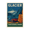 Glacier National Park Vintage Travel Poster – Red Bus Matte Vertical Wall Print (Unframed)