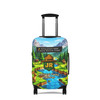 Minecraft-inspired suitcase cover with forest, river, and mountain artwork
