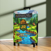 Junior Ranger luggage cover with pixel-style national park design on suitcase