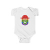 Junior Ranger Pop It rainbow badge baby bodysuit in white featuring colorful bubble-style adventure emblem for outdoor explorer infants
