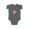 Junior Ranger Pop It rainbow badge baby bodysuit in white featuring colorful bubble-style adventure emblem for outdoor explorer infants