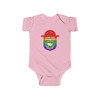 Junior Ranger Pop It rainbow badge baby bodysuit in white featuring colorful bubble-style adventure emblem for outdoor explorer infants