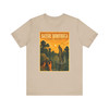 Tan Louisiana Bayou alligator T-shirt featuring vintage-inspired MOMENT No. 002 artwork with an explorer on a dock and an alligator in the swamp.