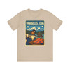 Tan Wrangell-St. Elias National Park Alaska T-shirt featuring vintage-inspired MOMENT No. 001 artwork with a fisherman, wild salmon and traditional fish wheel.