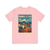 Pink Wrangell-St. Elias National Park Alaska T-shirt featuring vintage-inspired MOMENT No. 001 artwork with a fisherman, wild salmon and traditional fish wheel.