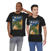 Black Maui Upcountry Hawaii chameleon T-shirt featuring vintage-inspired MOMENT No. 004 artwork with a Jackson's chameleon resting on an arm.