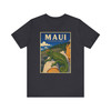 Dark Grey Maui Upcountry Hawaii chameleon T-shirt featuring vintage-inspired MOMENT No. 004 artwork with a Jackson's chameleon resting on an arm.