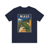 Navy Maui Upcountry Hawaii chameleon T-shirt featuring vintage-inspired MOMENT No. 004 artwork with a Jackson's chameleon resting on an arm.