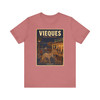 Vieques Island Puerto Rico wild horse T-shirt featuring vintage-inspired MOMENT No. 005 artwork with horses moving through an island town.