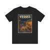 Vieques Island Puerto Rico wild horse T-shirt featuring vintage-inspired MOMENT No. 005 artwork with horses moving through an island town.