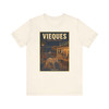 Natural Vieques Island Puerto Rico wild horse T-shirt featuring vintage-inspired MOMENT No. 005 artwork with horses moving through an island town.