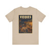 Vieques Island Puerto Rico wild horse T-shirt featuring vintage-inspired MOMENT No. 005 artwork with horses moving through an island town.