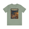 Sage Vieques Island Puerto Rico wild horse T-shirt featuring vintage-inspired MOMENT No. 005 artwork with horses moving through an island town.