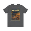 Asphalt Vieques Island Puerto Rico wild horse T-shirt featuring vintage-inspired MOMENT No. 005 artwork with horses moving through an island town.