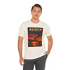 Natural Austin Texas Congress Avenue Bridge bat T-shirt featuring vintage-inspired MOMENT No. 007 artwork with bats emerging beneath the bridge at sunset.