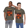 Army Austin Texas Congress Avenue Bridge bat T-shirt featuring vintage-inspired MOMENT No. 007 artwork with bats emerging beneath the bridge at sunset.
