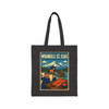 Black cotton canvas Wrangell-St. Elias Alaska tote bag featuring MOMENT No. 001 salmon and fish wheel artwork.