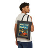 Black cotton canvas Wrangell-St. Elias Alaska tote bag featuring MOMENT No. 001 salmon and fish wheel artwork.