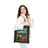 Black cotton canvas Wrangell-St. Elias Alaska tote bag featuring MOMENT No. 001 salmon and fish wheel artwork.