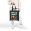 Black cotton canvas Wrangell-St. Elias Alaska tote bag featuring MOMENT No. 001 salmon and fish wheel artwork.