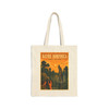 Louisiana Bayou cotton canvas tote bag featuring vintage-inspired MOMENT No. 002 artwork with an explorer on a dock and an alligator in the swamp.
