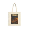 Vieques Island Puerto Rico cotton canvas tote bag featuring vintage-inspired MOMENT No. 005 artwork with wild horses moving through an island town.