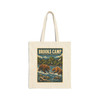 Brooks Camp Katmai National Park Alaska cotton canvas tote bag featuring vintage-inspired MOMENT No. 006 artwork with brown bears and wild salmon along the river.