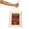 Natural cotton canvas Austin Texas tote bag featuring MOMENT No. 007 Congress Avenue Bridge bat artwork.