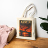 Natural cotton canvas Austin Texas tote bag featuring MOMENT No. 007 Congress Avenue Bridge bat artwork.