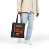 Black cotton canvas Austin Texas tote bag featuring MOMENT No. 007 Congress Avenue Bridge bat artwork.