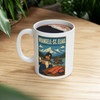 11 oz white ceramic Wrangell-St. Elias Alaska coffee mug featuring MOMENT No. 001 salmon and fish wheel artwork.