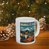 11 oz white ceramic Wrangell-St. Elias Alaska coffee mug featuring MOMENT No. 001 salmon and fish wheel artwork.